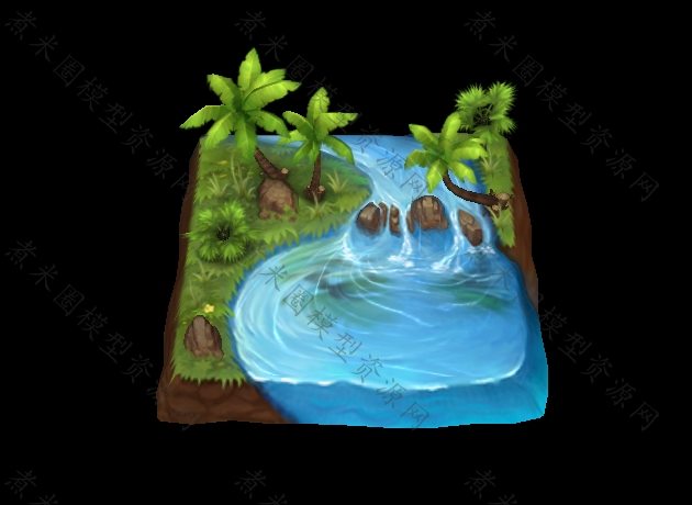 卡通风格的方格场景布置、椰树池塘.jpg