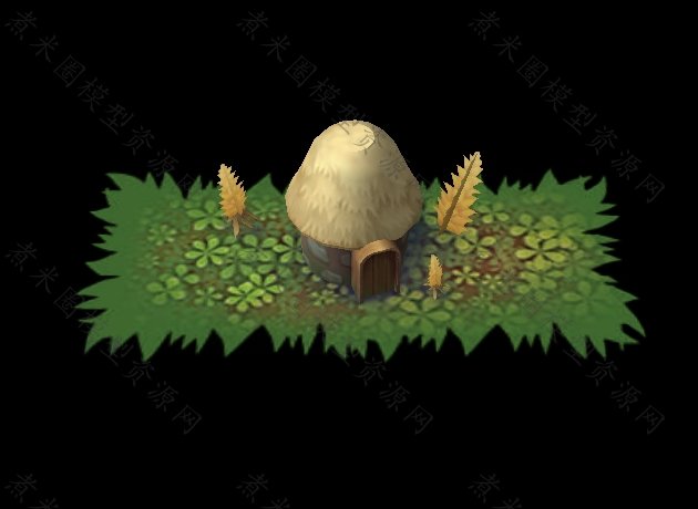 卡通风格的方格场景布置、茅草小屋.jpg