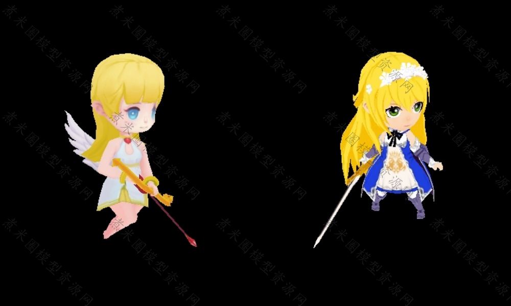 黄头发少女骑士、少女天使弓箭手-煮米圈魔兽模型资源网