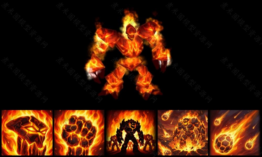 红色火焰地狱火和5个技能图标-煮米圈魔兽模型资源网